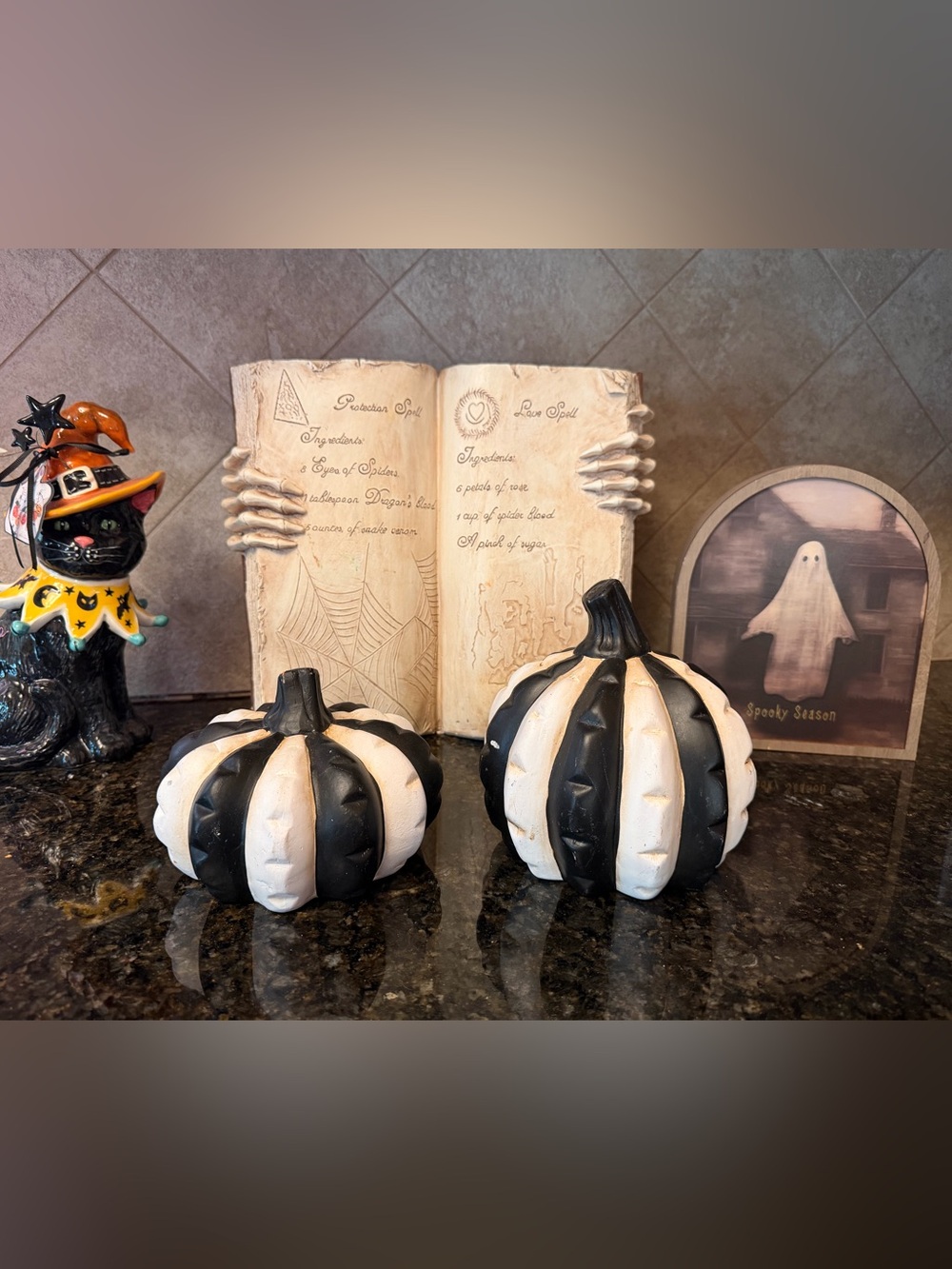 Halloween Black and Cream Striped Decorative Pumpkins -